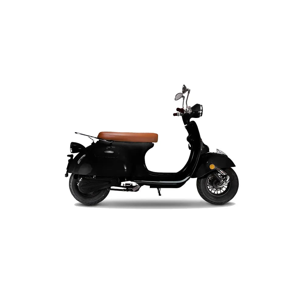 Citytwister 8.0 Retro scooter elettrico versione nera con panca marrone in vista laterale