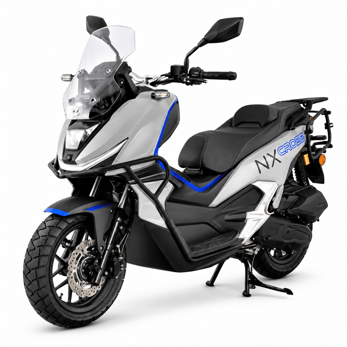 NEXT NXCross 125i in Grau mit blauen Akzenten – Schrägansicht vorne