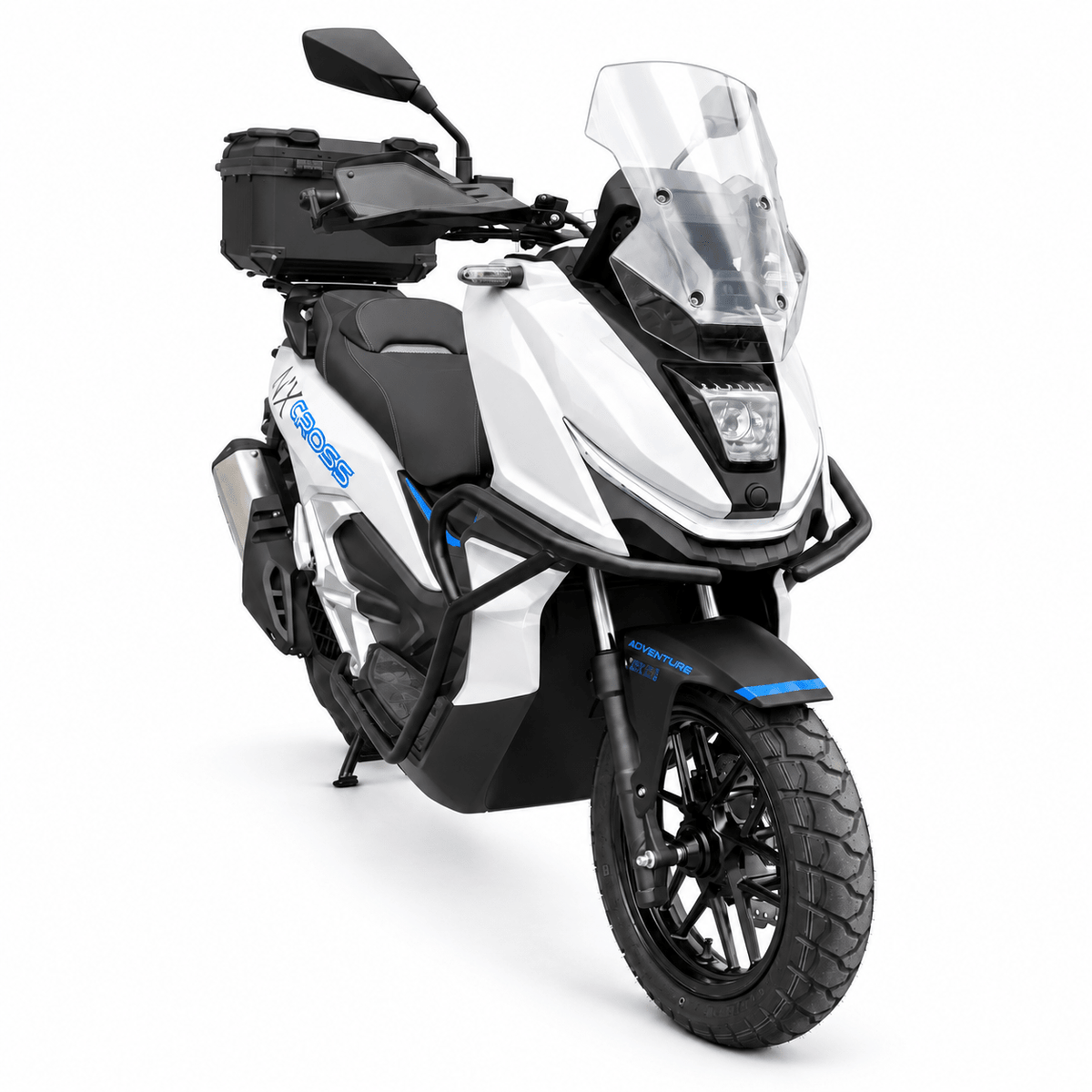 NEXT NXCross 125i in Grau – Ansicht mit Topcase und Handschützern