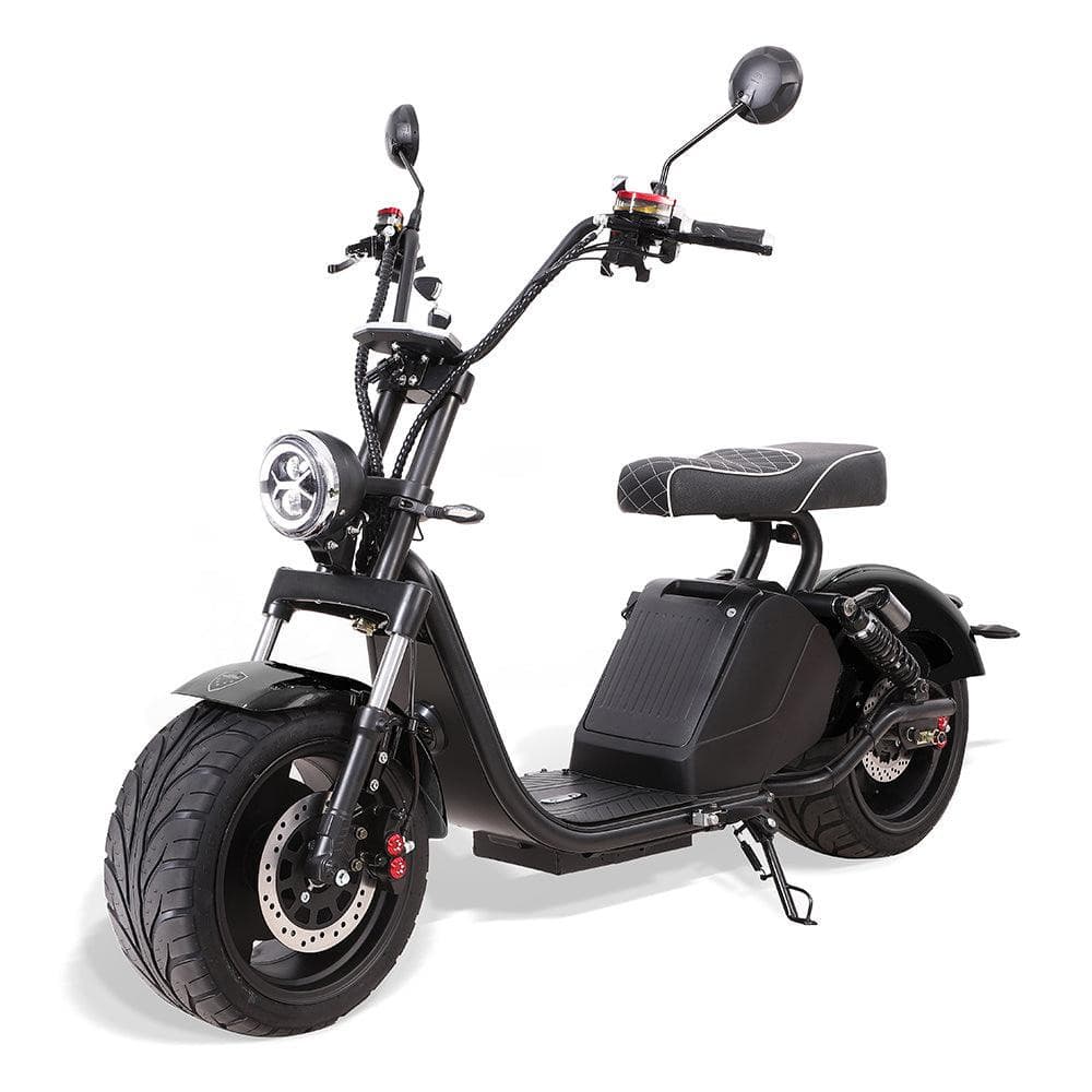 Citytwister Fatboy 3.0 scooter elettrico con pneumatici larghi versione nera obliqua dalla parte anteriore