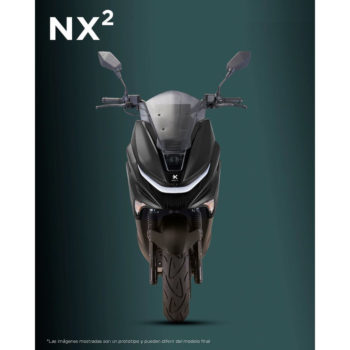 NEXT NX2 Electric Scooter • Nero • Vista frontale su un motivo pubblicitario NEXT